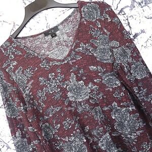 FLAWED AGB Women XL Burgundy Grey Floral Ribbed Knit V-Neck Long Sleeve Top